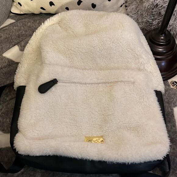 Rare betsey johnson backpack hoodie white plush fur unicorn rainbow HTF main image 4